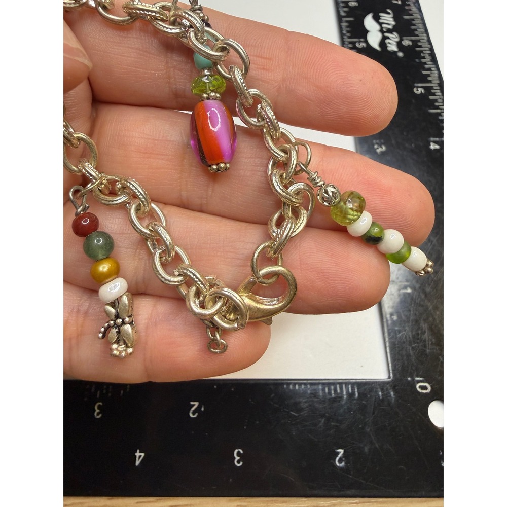 Multi Color Glass Bead Charm Bracelet Silver Tone Double Link Chain Butterfly